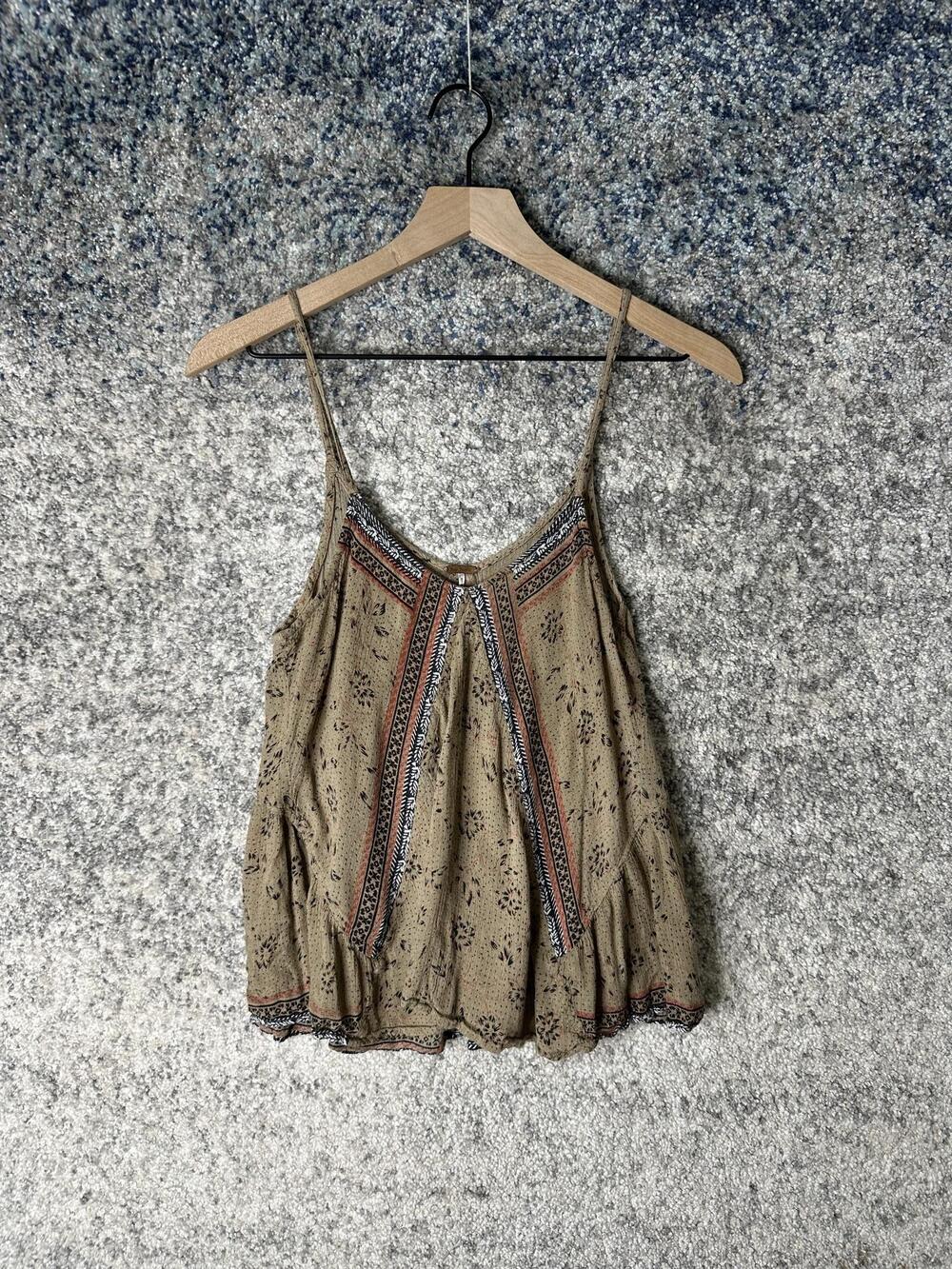 Free People Tank Top Womens XS Beige Floral Spaghetti Strap Boho Cami Swing